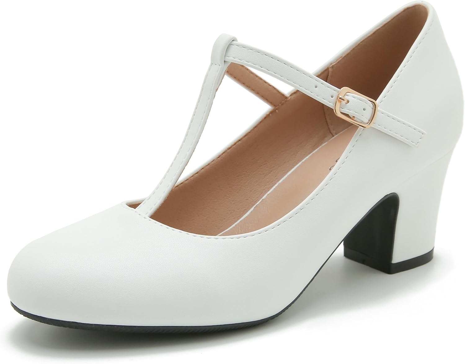 Women's T-Strap Mary Jane Pumps - Closed Toe Chunky Heels