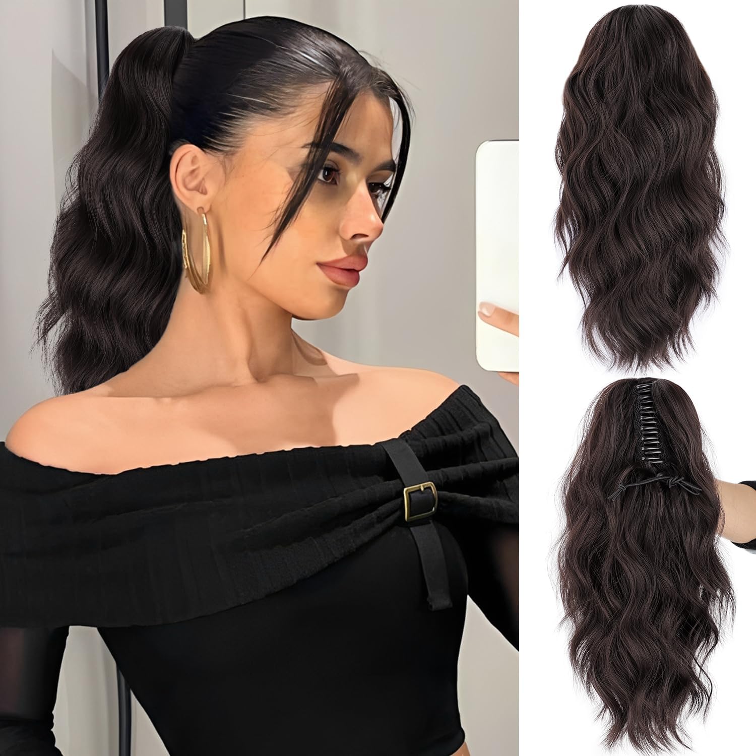 Hair Wala® Ponytail Extension Claw Clip Short Wavy Synthetic 16" Pony Tails Hair Extensions for Women Fluffy Natural Looking Hairpiece for Daily Use, Brown Color-image-43