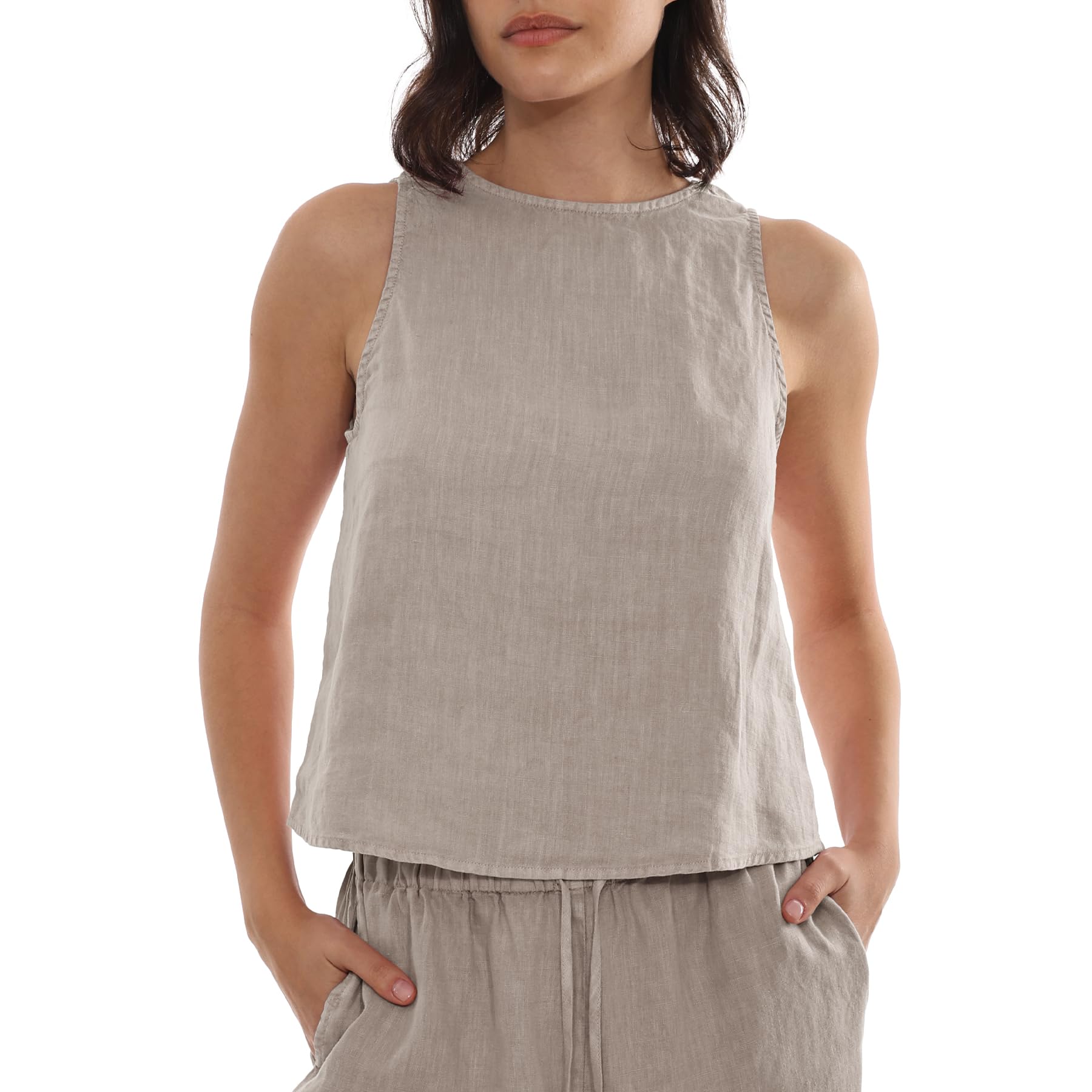 Amazhiyu Damen-Oberteil, 100 % Leinen, lässig, ärmellos, U-Ausschnitt, pflanzengefärbt, Größe S-XL