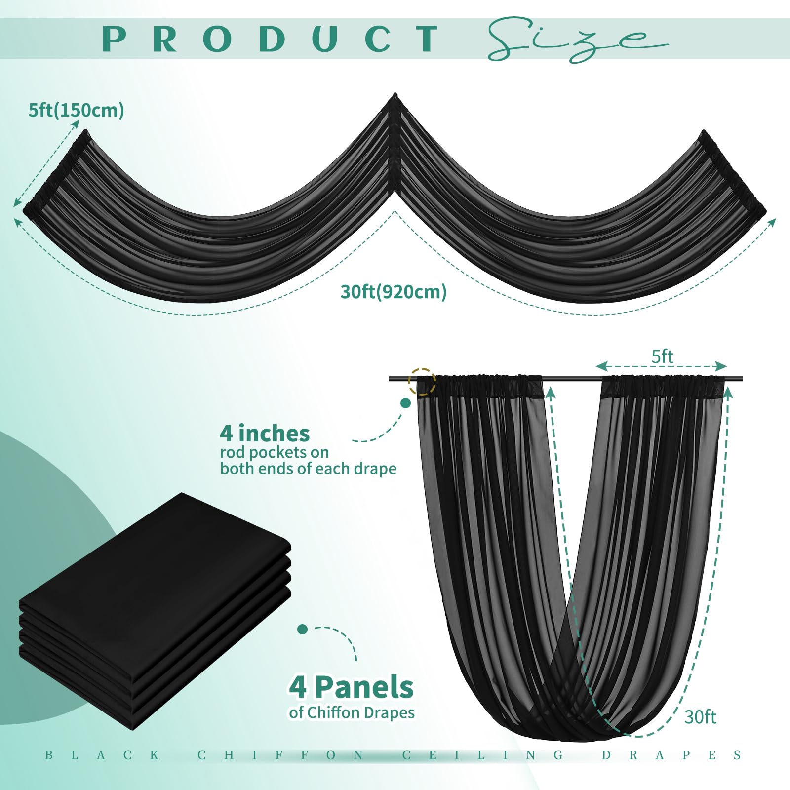 Lot de 4 rideaux de plafond en mousseline de soie transparente pour mariage, plafond, fête, cérémonie, scène, 1,5 x 9,1 m, noir