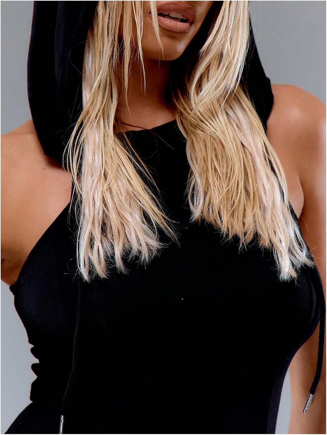 GORGLITTER Women's Rave Dress Sexy Y2k Double Slit Bodycon Hooded Gothic Sleeveless Going Out Maxi Dresses Grunge Clothes - Image 5