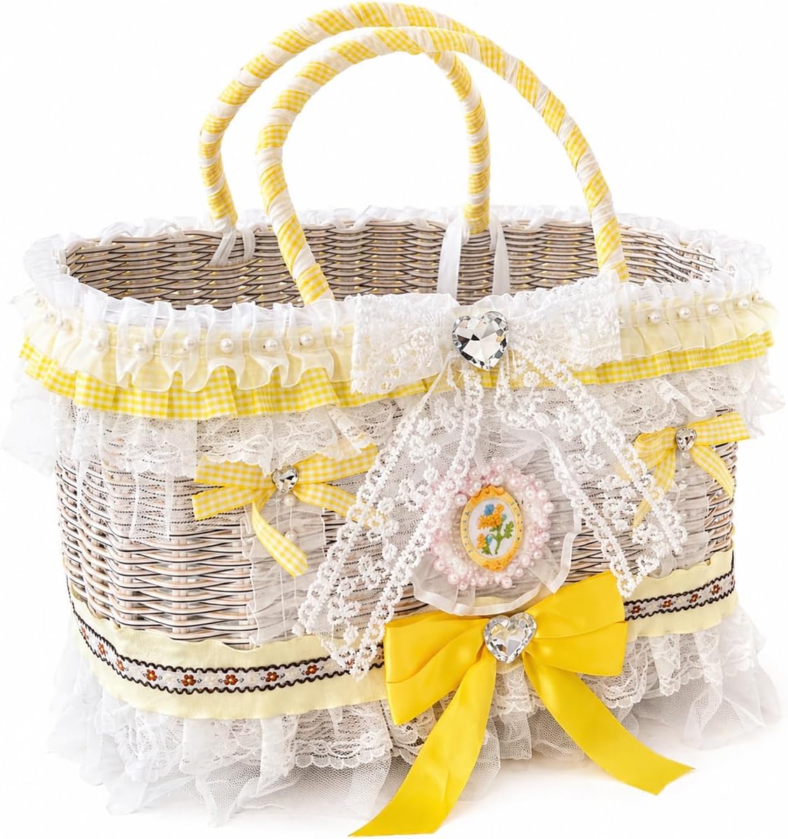 Luxury Pet Carrier Purse for Small Dogs and Cats, Yellow White Lace Woven Basket Handbag with Cushion and Safety Tether, Boutique Travel Tote