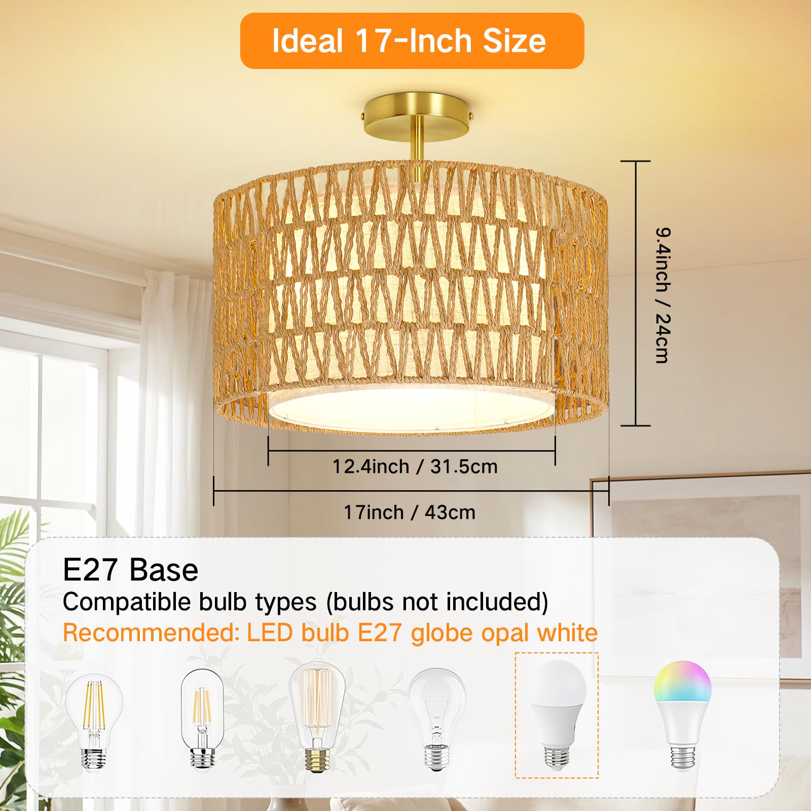 OUTON Plafoniera Boho in Rattan, 3 Luci, Ø43 cm, Dorata | Rattan naturale e paralume interno in tessuto, per soggiorno, camera, cucina e sala da pranzo, 3 x E27, lampadine escluse