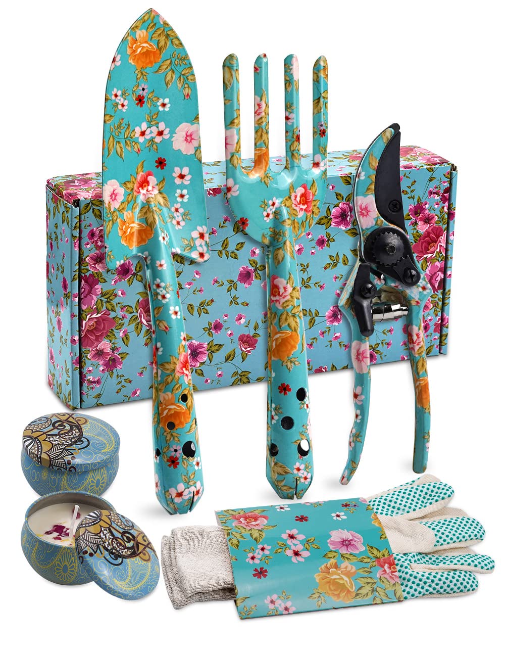 TOYPOPORGardening Gifts For Women, 6Pcs Garden Tools Set with Floral Print, included Trowel Fork Scissors 2 Candles and Gloves, Mother's day Birthday Gifts for Mum for Ladies Gardener