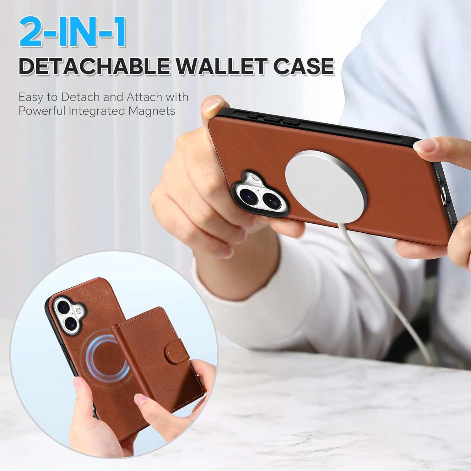 SHIELDON Genuine Leather Case for iPhone 16 Plus 6.7", Detachable Magnetic RFID Blocking Card Wallet Holder with ID Window, Slim Wireless Charging Case Compatible with iPhone 16 Plus - Retro Brown