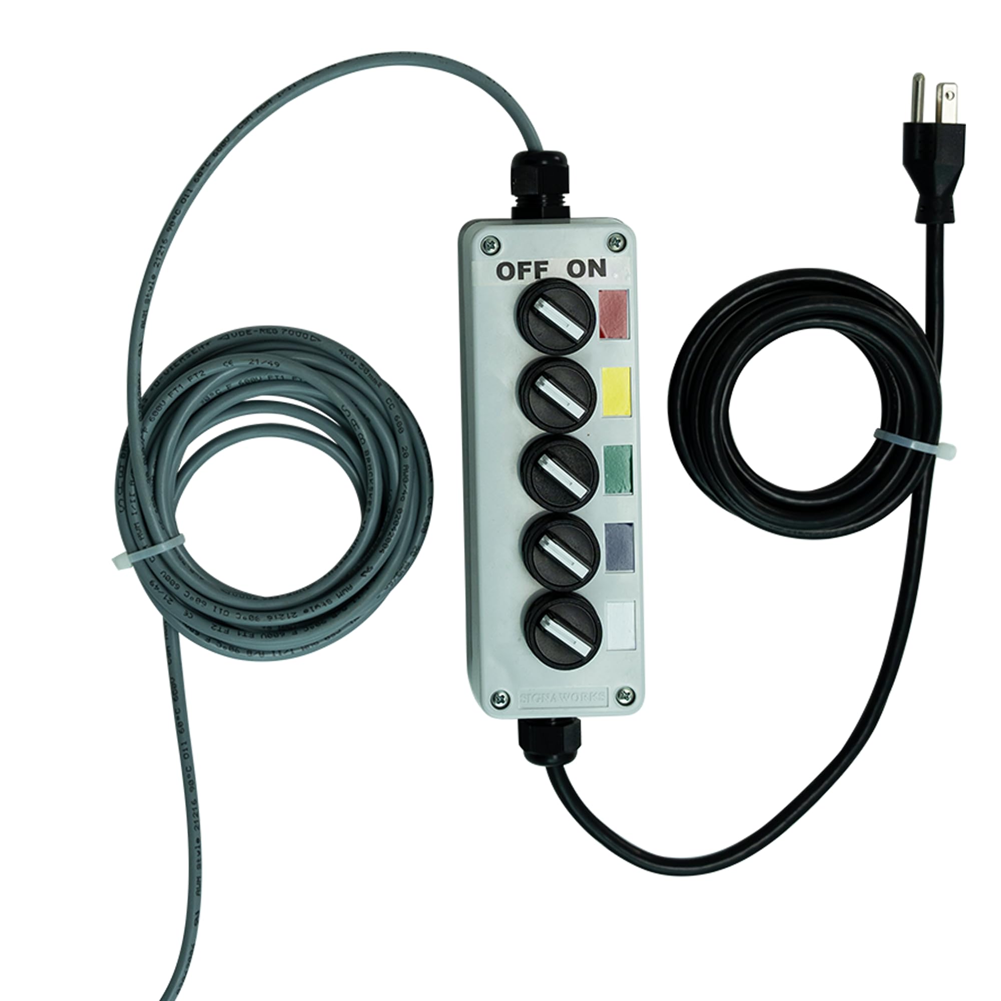 Signaworks 5 Stack Super Bright LED Andon Tower Light Red/Amber/Green/Blue/White with 10' Extended Cable to 5 Switch Box, Off-On 3 Prong 8 ft Industrial Power Cord, Plug & Play Ready *Assemble in USA*