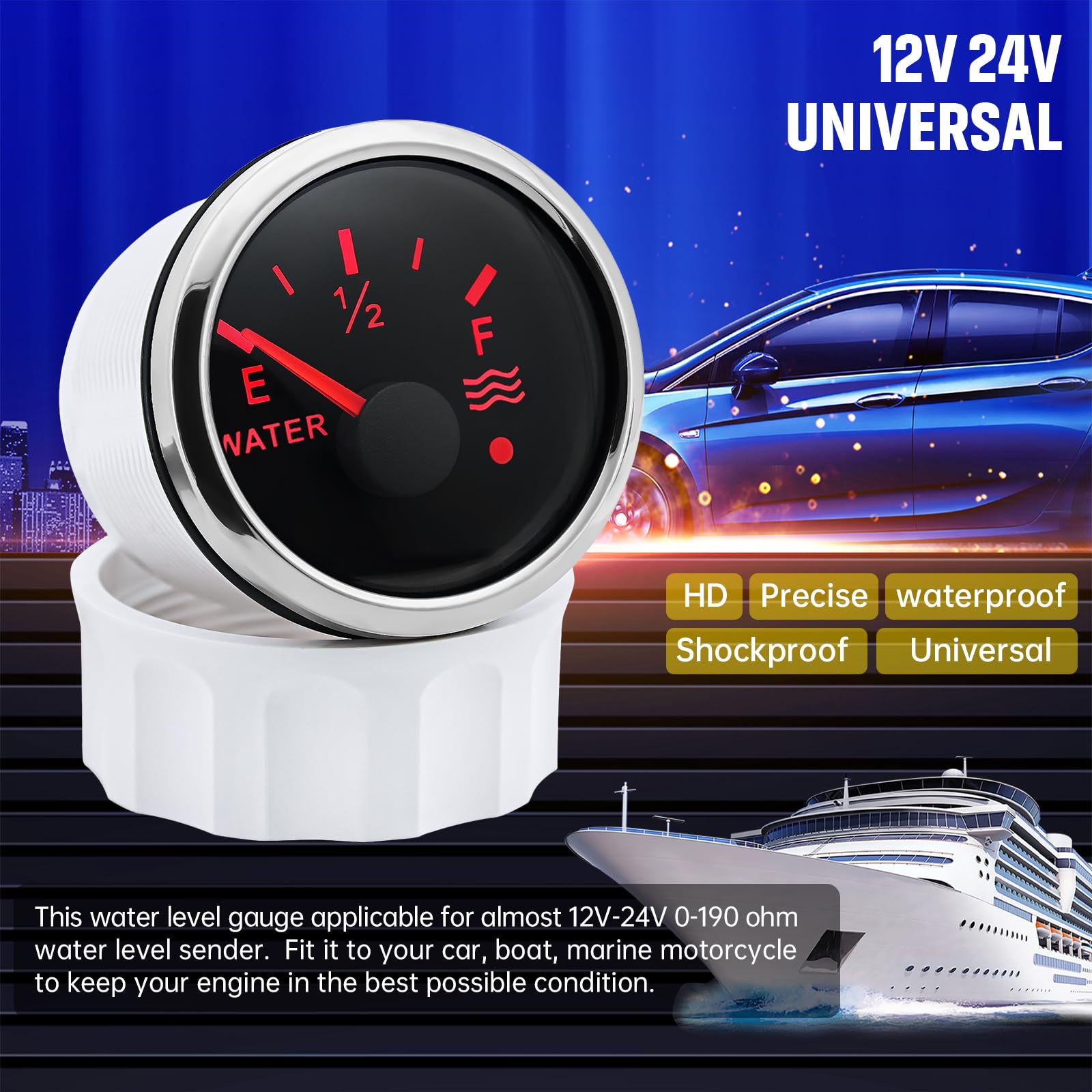 Jauge de niveau d'eau de 52 mm 0–190 ohm, indicateur de niveau d'eau, compteur de niveau de réservoir 7 couleurs, rétroéclairage universel pour voiture, bateau