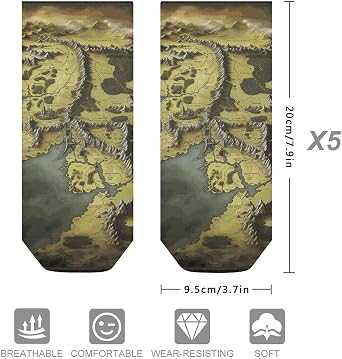 5 Pairs Ankle Socks Running Low Cut Socks Soft Breathable Middle Earth Map Crew Sock No Show Running Hiking Sock