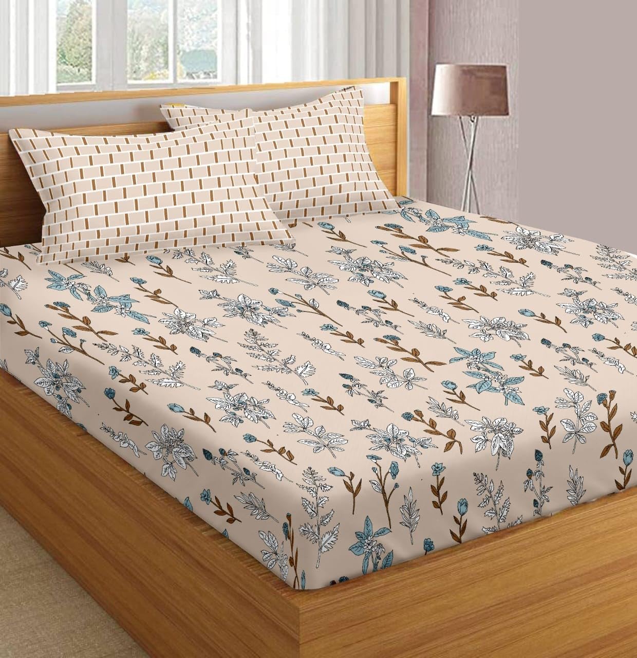 Trance Home Linen 100% Cotton 180 TC 72"X72" King Bed Size Elastic Fitted Bedsheet | Printed Double Size Bed Elasticated Fitted Bedspread With 2 Pillow Covers (72X72 Inch, Beige Carnations) (B0CXXVMGQT) Amazon Price History, Amazon Price Tracker