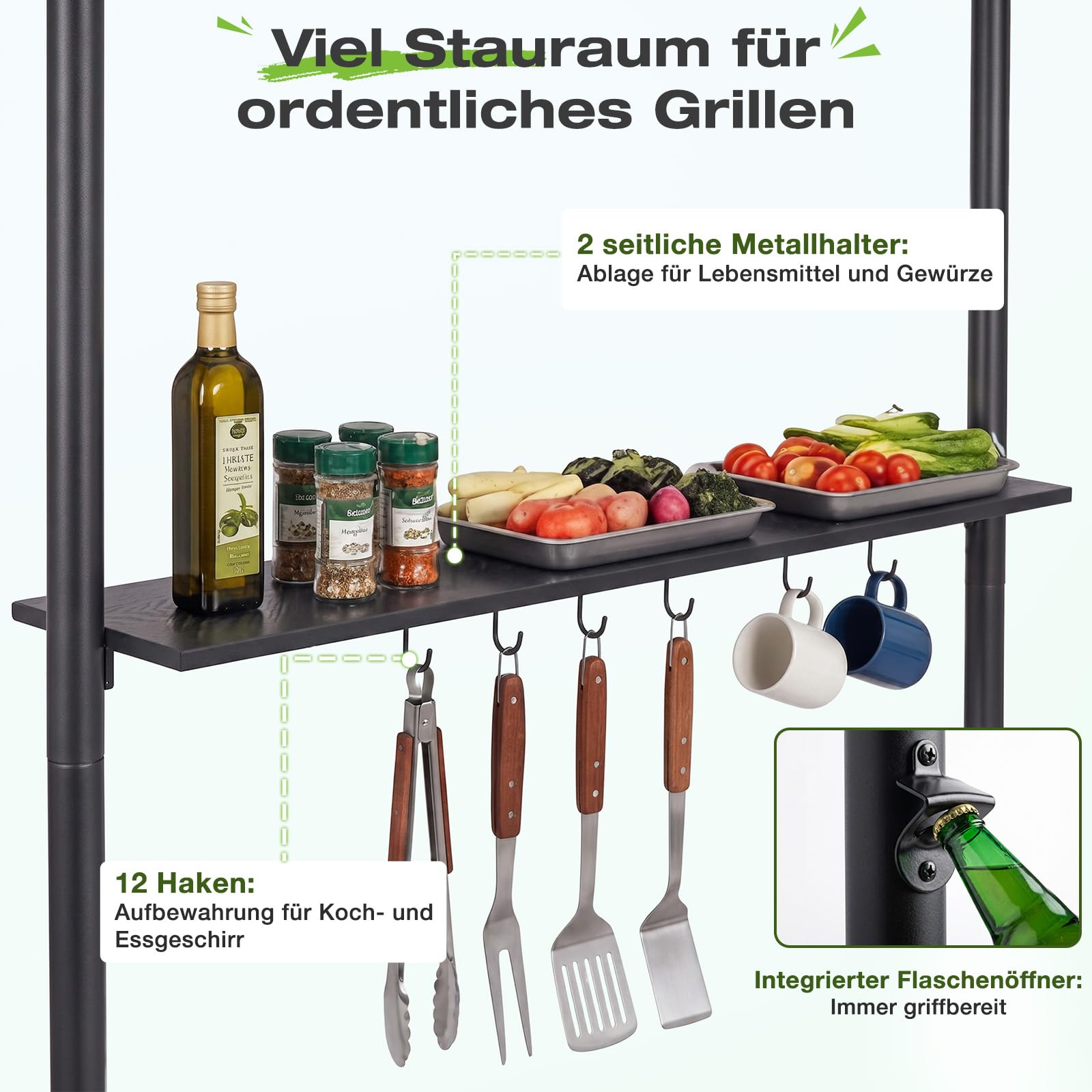 Sekey grillpavillon Winterfest wetterfest mit Doppeldach, Seitenregalen, Haken & Flaschenöffner, sekundenschnell aufbaubar UV-Schutz 50+, grillüberdachung Outdoor für Garten BBQ Camping, Anthrazit