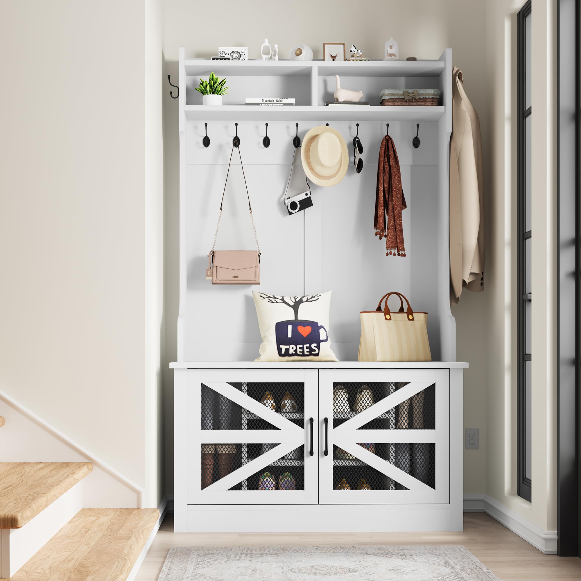 DWVOFarmhouse Hall Tree with Shoe Storage, Entryway Bench with Coat Rack,  10 Shoe Cubbies 10 Coat Hooks, Shoe Storage Bench for Entryway Hallway