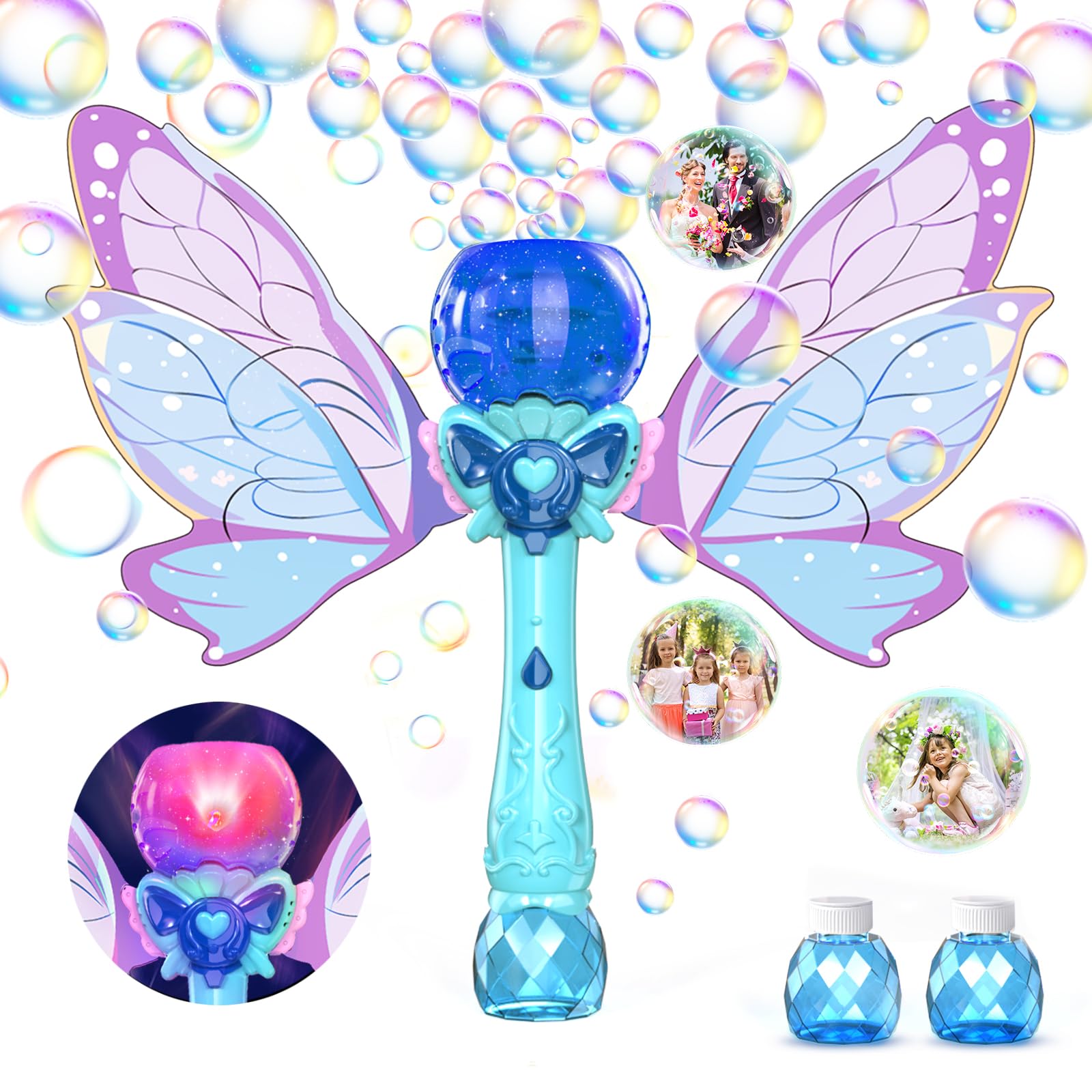 PANACARE Varita de burbujas de mariposa para niños Máquina automática de burbujas luminosas con solución de burbujas produce 10000+burbujas/minuto adecuado juegos para fiestas al aire libre regalos de