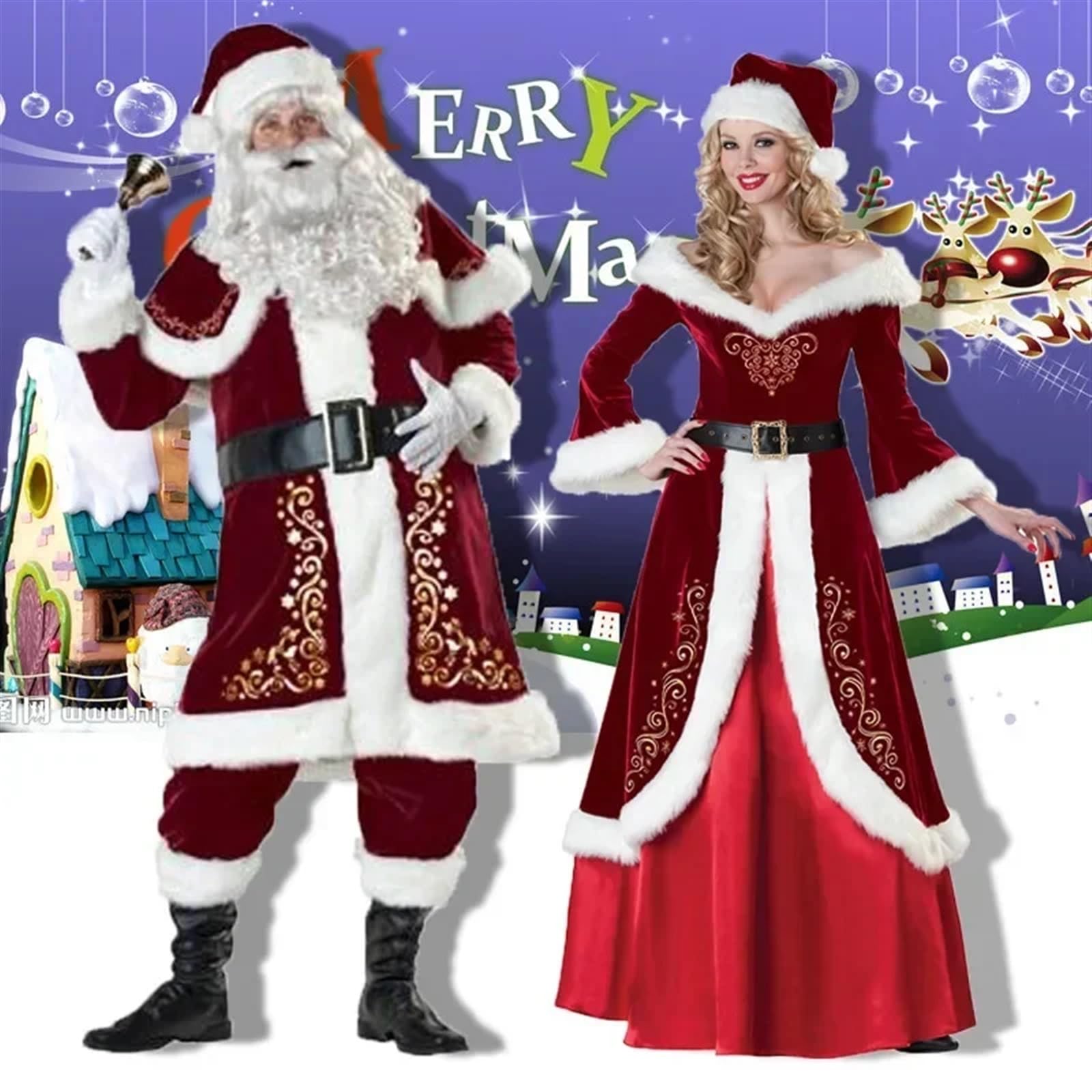 Costume Da Babbo Natale Costume da Babbo Natale Costumi di in velluto rosso deluxe Coppie famiglia Cosplay Abbigliamento natalizio Abito for adulti Set donna