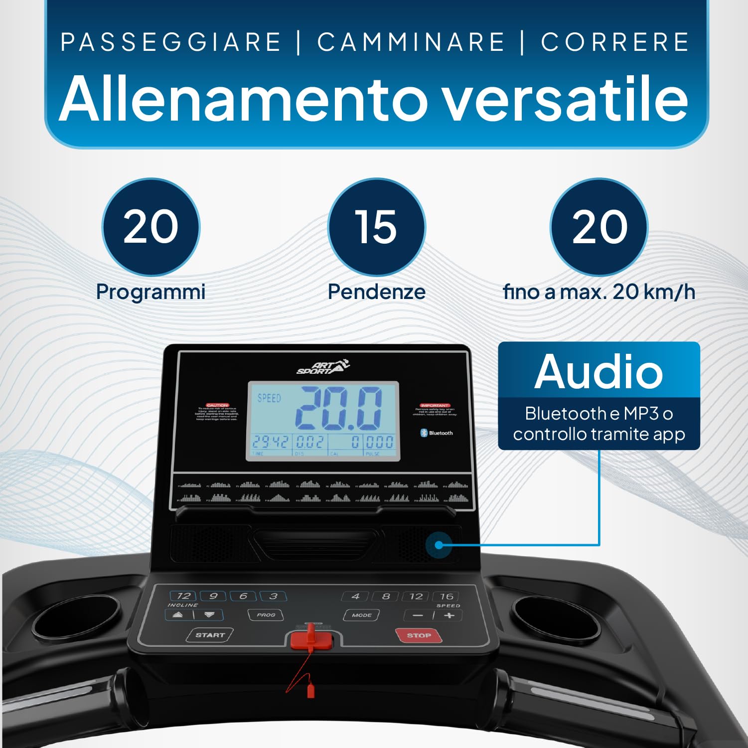ArtSport Tapis roulant Speedrunner 6000 pieghevole - 22 km/h, 99 programmi, 22 livelli di inclinazione, display LCD da 7 pollici, fino a 150 kg, superficie di corsa: 133 x 50 cm