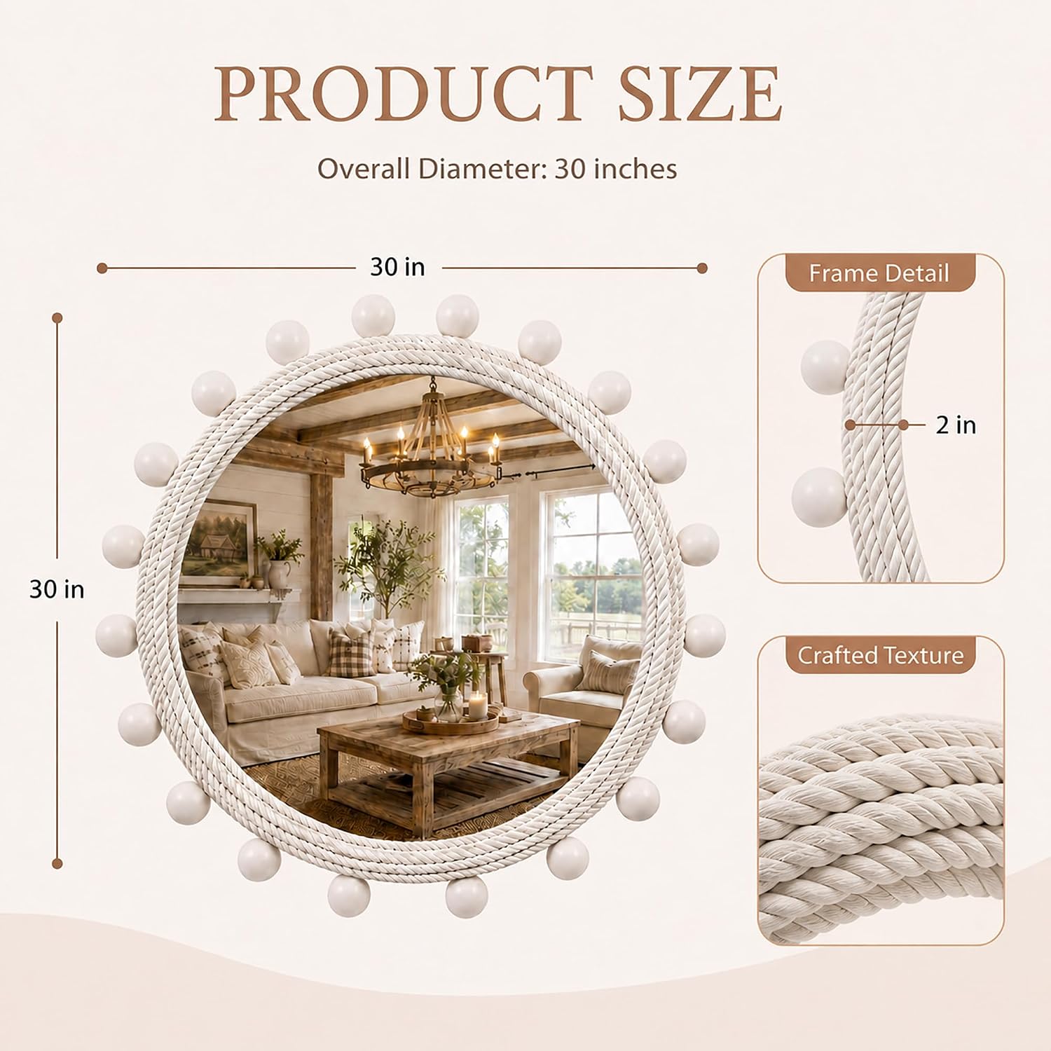 30 Inch Round Rope Wall Mirror, Soft White Handwoven Cotton Rope Frame with 2 Inch Whitewashed Rubberwood Beads, Coastal Farmhouse Mirror for Entryway Bedroom Living Room Powder Room