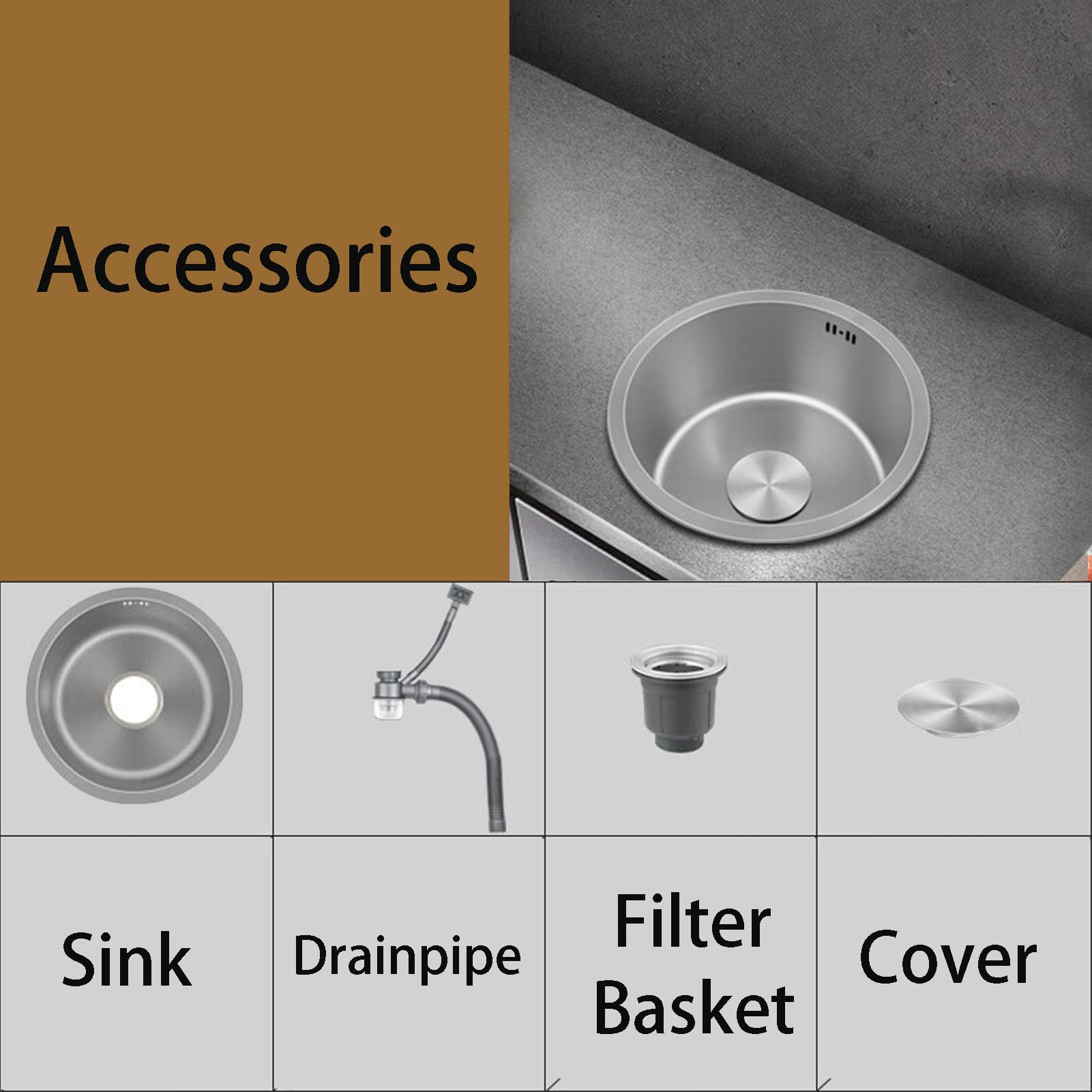 Hello - Fregadero de cocina redondo gris inox con juego de drenaje, instalación superior/inferior (Ø 42 cm), perfecto para cocinas modernas