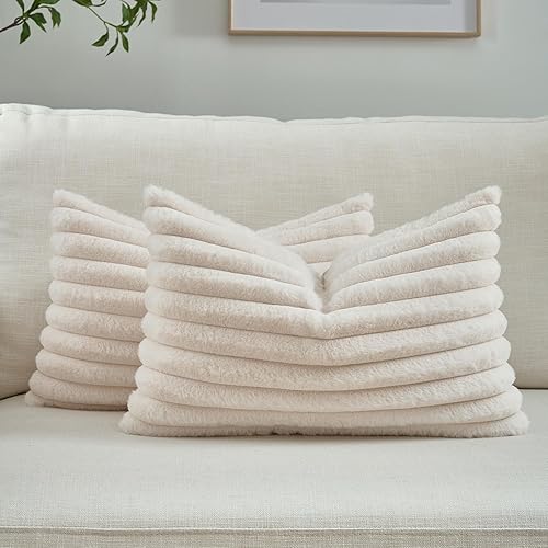 Miniatura 52 de FUTEI - Juego de 2 fundas de almohada decorativas con rayas de color naranja, 20 x 20 pulgadas, cuadradas y primaverales, piel sintética de conejo