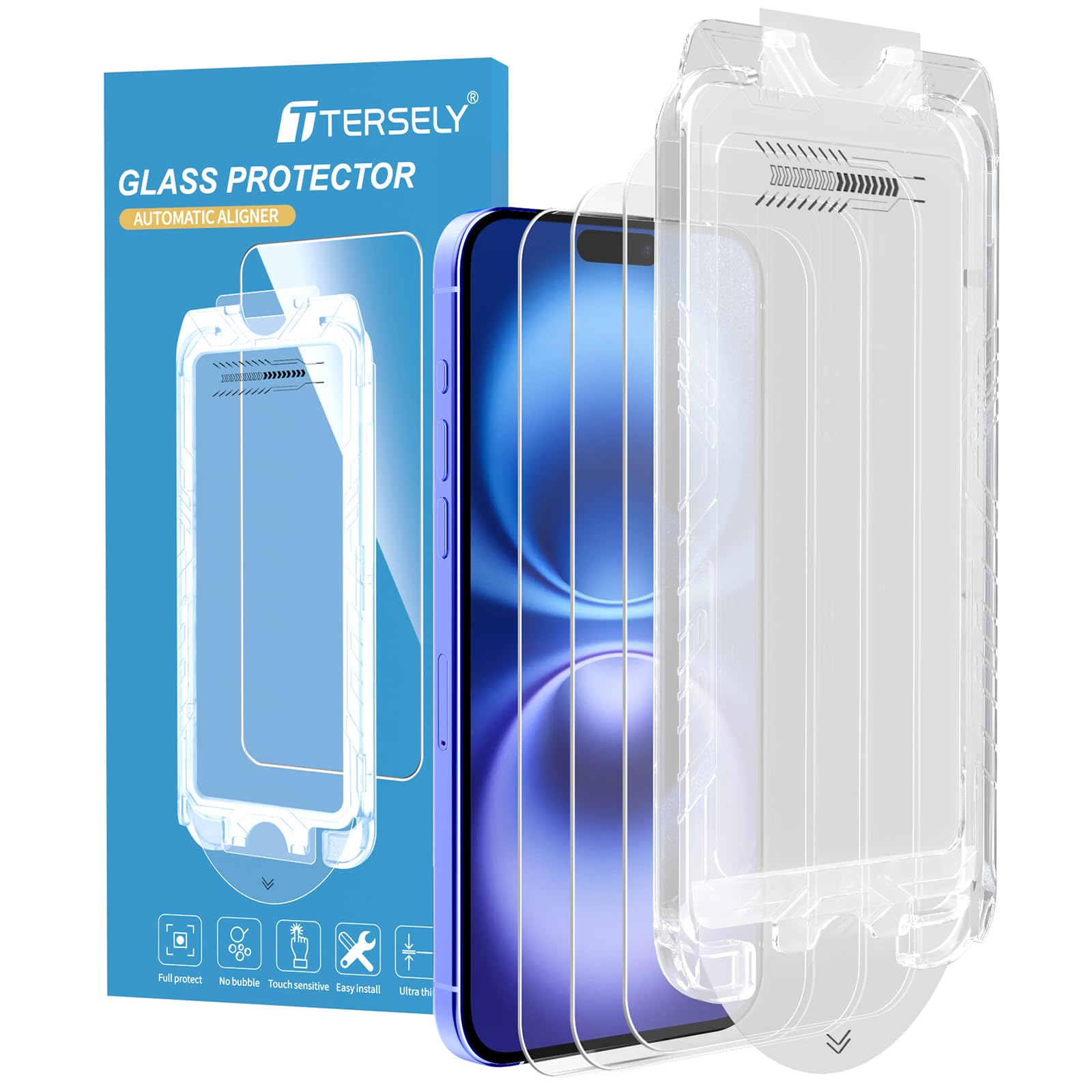 T Tersely [3 Pack] Screen Protector for iPhone 16 Plus 6.7-inch with Auto Alignment Kit, Tempered Glass Film Bubble Free Full Coverage, HD Clear