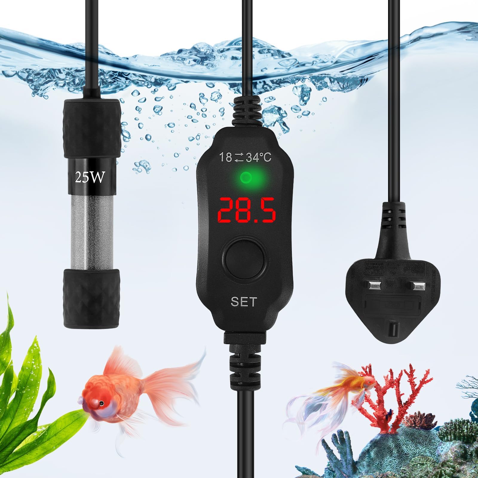 Mini Aquarium Heater, Small Powered Submersible Heater, Proof Quartz Glass LED External Temperature Controller for Saltwater Freshwater (25Watt-8Liter)