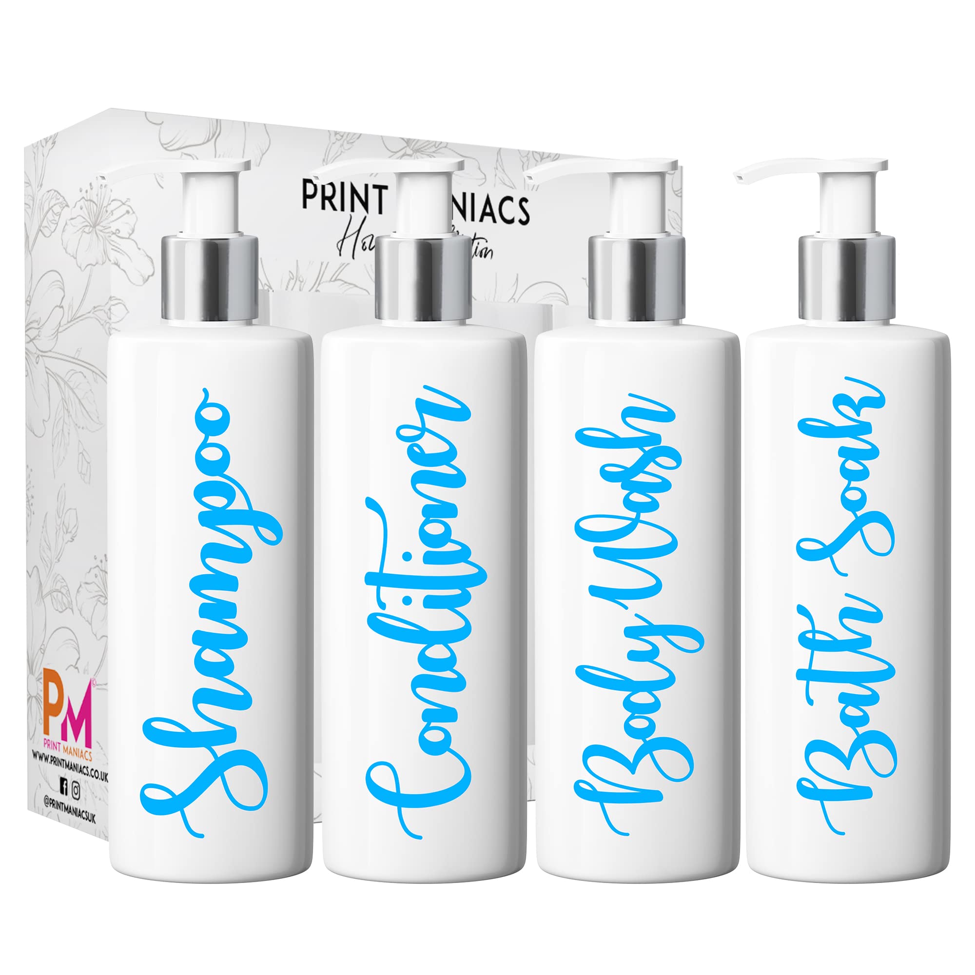 Print Maniacs Mrs Hinch Inspired White Personalised Pump Bottles Bathroom Kitchen Set Shampoo Conditioner (Baby Blue) โ image 1