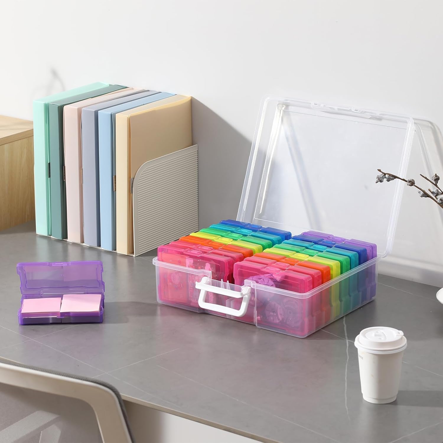 novelinks Organizadores de fotos transparentes de 4 x 6 pulgadas y caja de almacenamiento de fotos con asa, 16 fundas interiores para fotos, organizadores de fotos portátiles y contenedores de