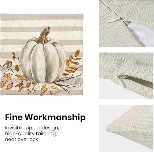 Miniatura 6 de Juego de 2 fundas de almohada de otoño de 18 x 18 pulgadas, fundas de cojín de calabaza en acuarela, rayas grises, flores de otoño, decoración de