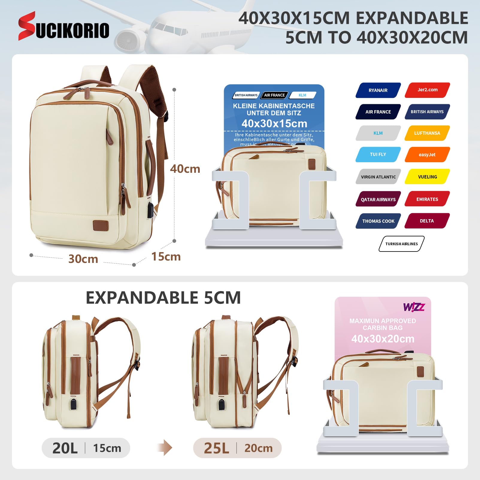 40x30x15cm British Airways Air France Expansible 5cm 40x30x20cm Wizzair Vueling Mochila Viaje Cabina Avion, Impermeable Mochilas Equipaje de Mano Mochila Ordenador Portatil 15,6 Pulgadas