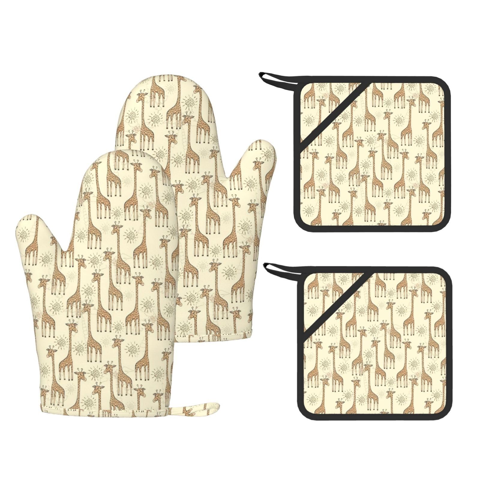 Nimongt Black Hand Drawn Giraffes Print Heat Resistant Gloves Pads Reusable Kitchen Set Oven Baking Grilling Cooking