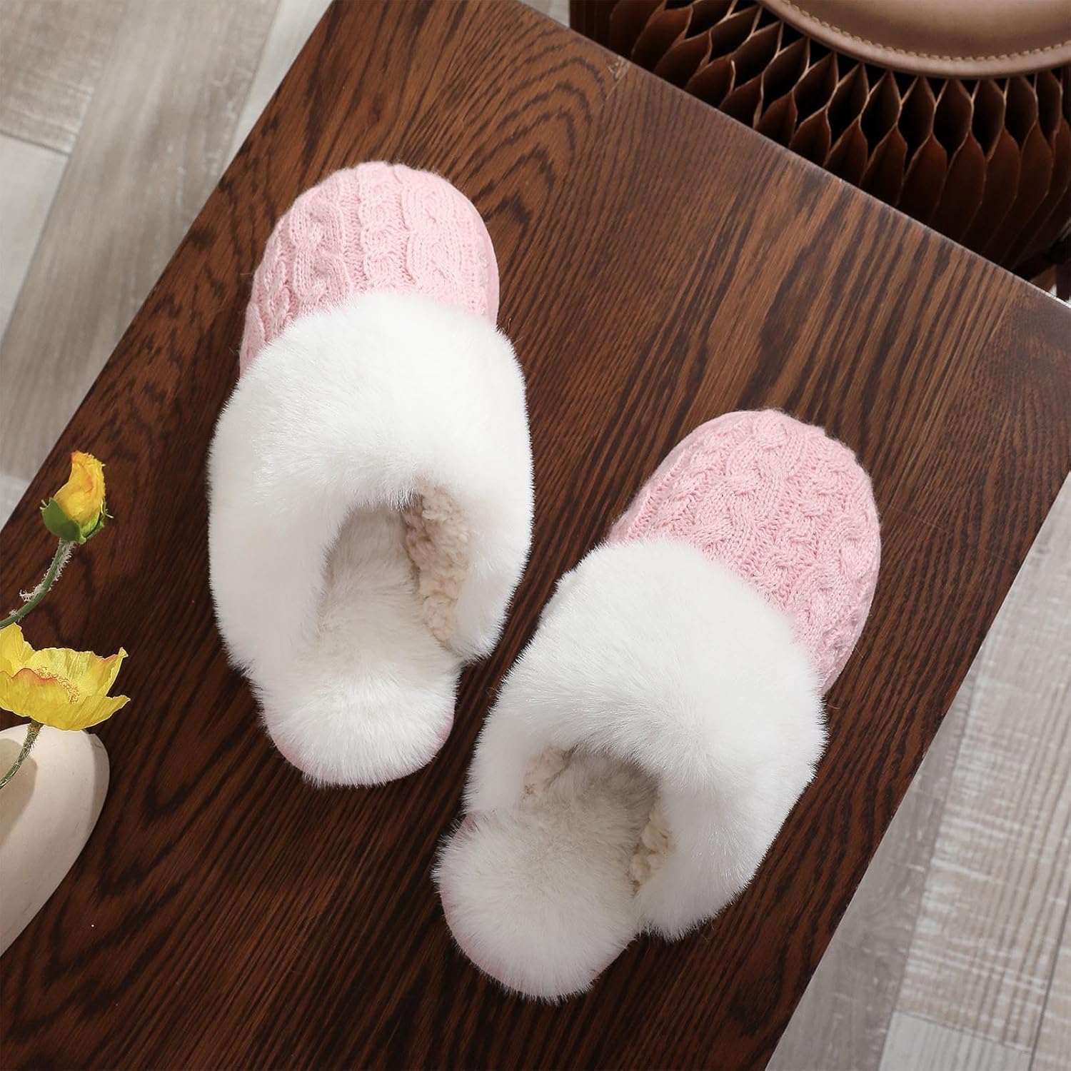 Slippers for Women Cable Knit Fuzzy Slides Warm Cozy Home Winter Shoes Fluffy Faux Fur Lined Slipper Indoor Outdoor - Image 2