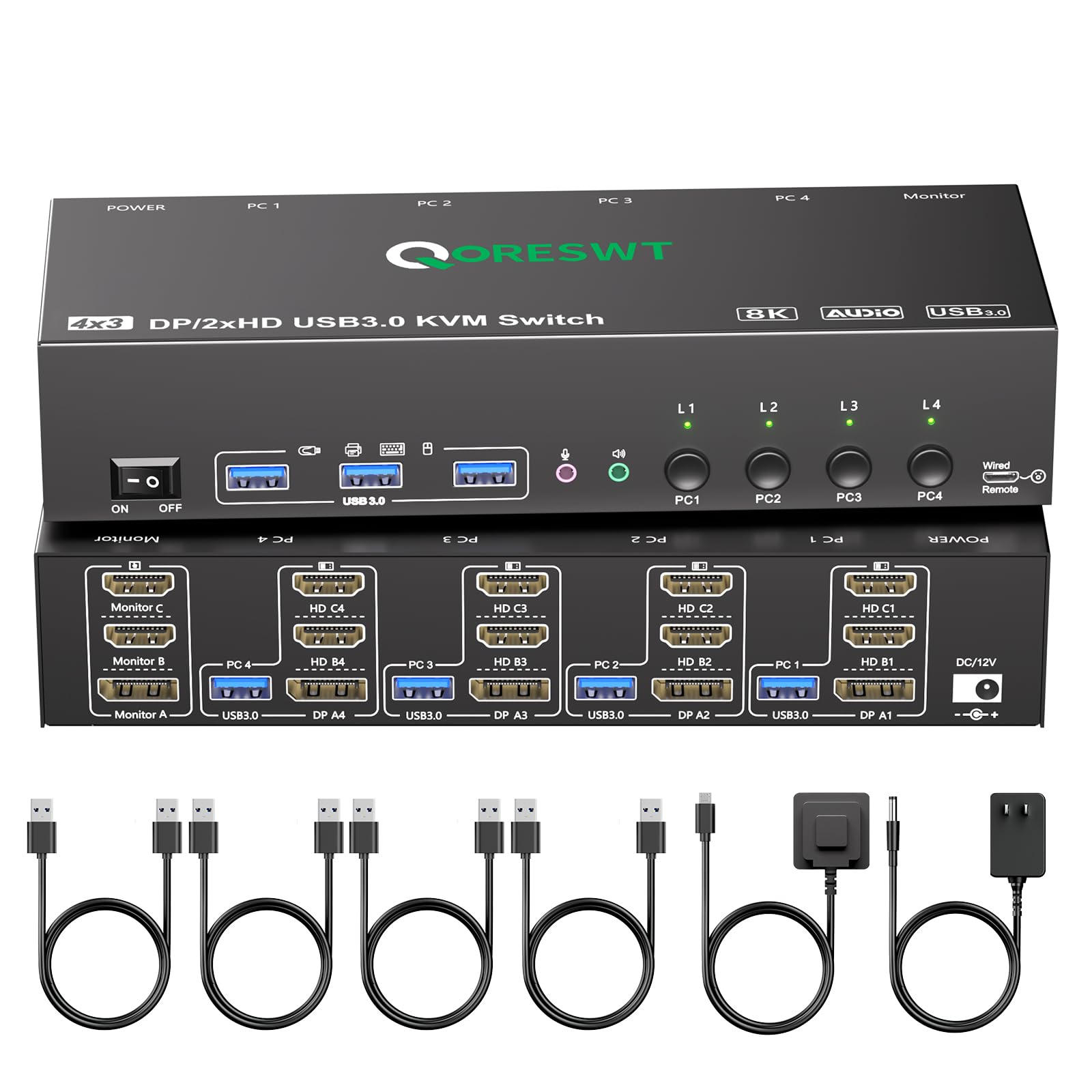 KVM Switch 3 Monitors with Audio, HDMI DisplayPort Triple Monitor KVM Switcher 4 Computers 3 Monitors, Support 8K@30Hz/4k@144Hz for 4 PC Share 3 Display and USB 3.0 Devices-image-47
