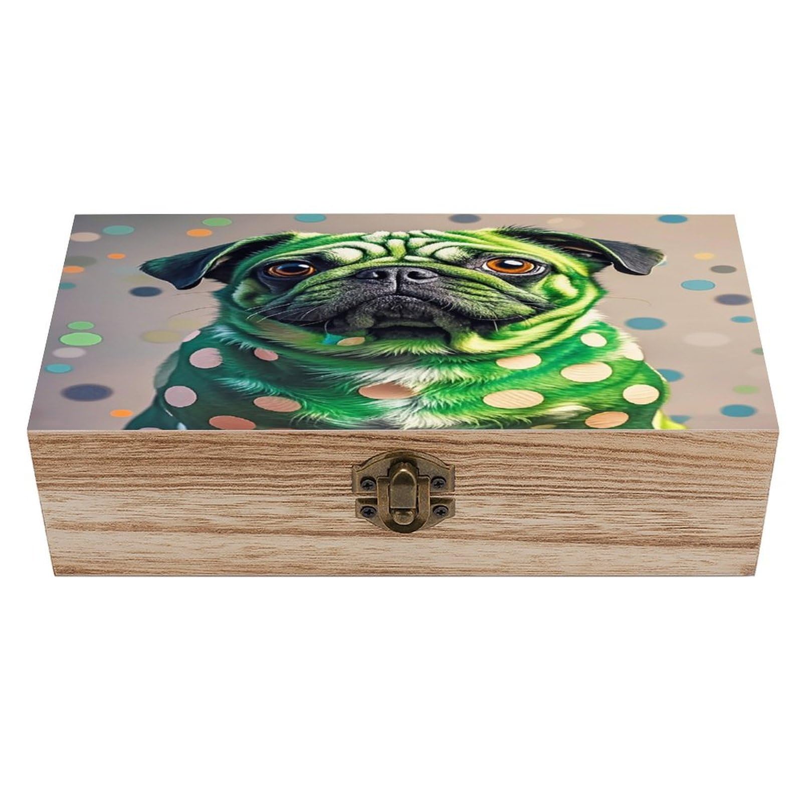 LZQPOEAS Green Polka Dot Pug Wooden Box Storage Space to Organize Jewelry in A Beautiful Small Storage Box Decorative Card Boxes Memory Treasure Boxes for Crafts And Photo Storage