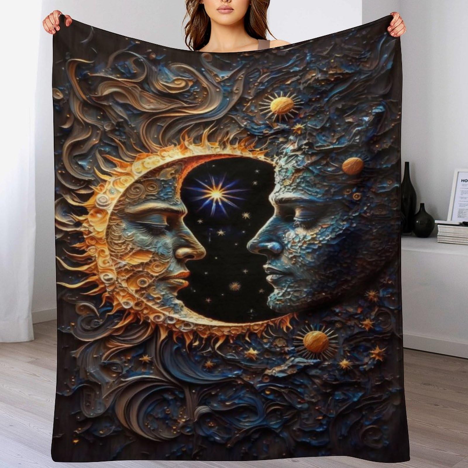Couverture soleil et lune pour canapé et lit : plaid chaud de voyage 140x180 cm