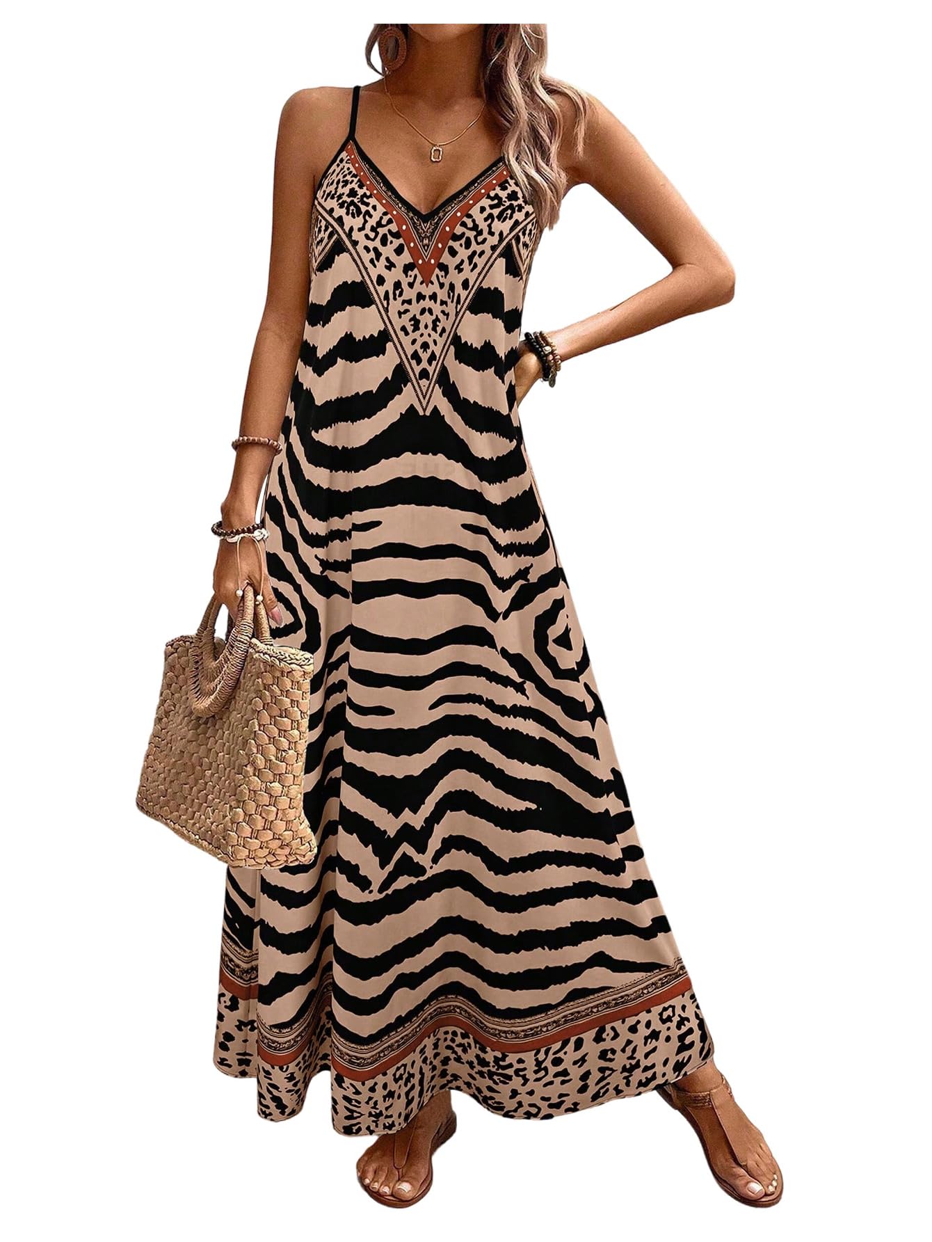 Women's Leopard Print A Line Flowy Long Cami Dress V Neck Flared Loose Holiday Sundress Loose Fit Vacation Beach Dress