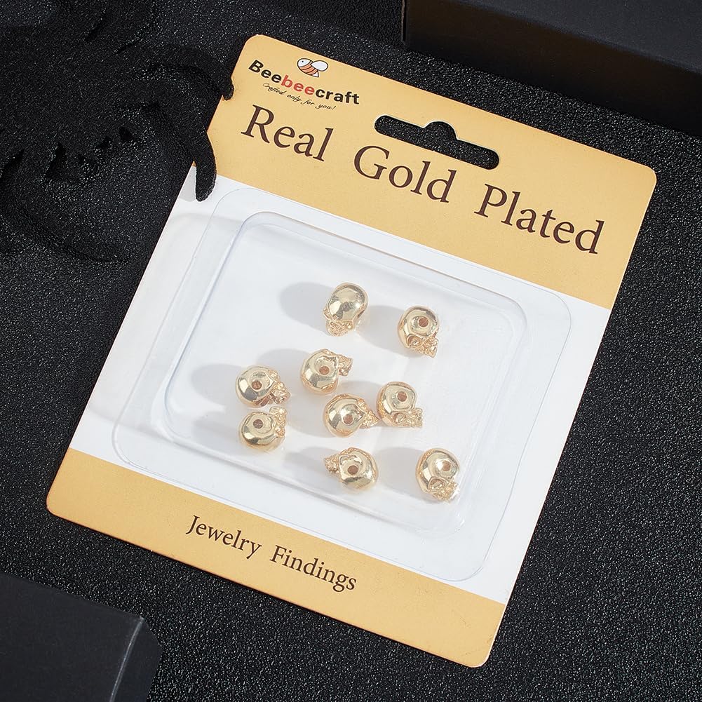 Beebeecraft 1 Box 10Pcs Skull Bead 18K Gold Plated Skeleton Head Spacer Beads Link Connector for Bracelet DIY Jewellery Making