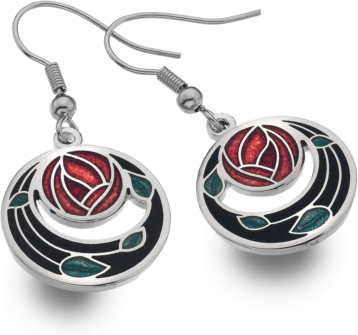 Sea GemsRennie Mackintosh Inspired Rose and Coils 20mm Hook Earrings (Black/Red)
