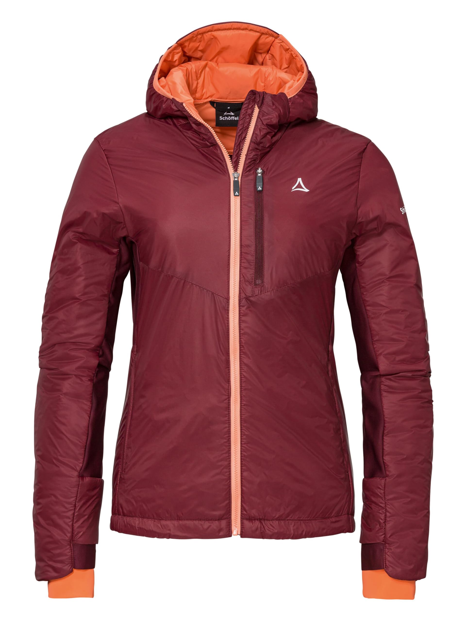 Schöffel Damen Ins Hybrid Black Raven L, leichte MTB Jacke mit 4 D Body Mapping, atmungsaktive, wärmende Fahrradjacke mit fixer Kapuze, mit Taschen, dark burgundy, 34