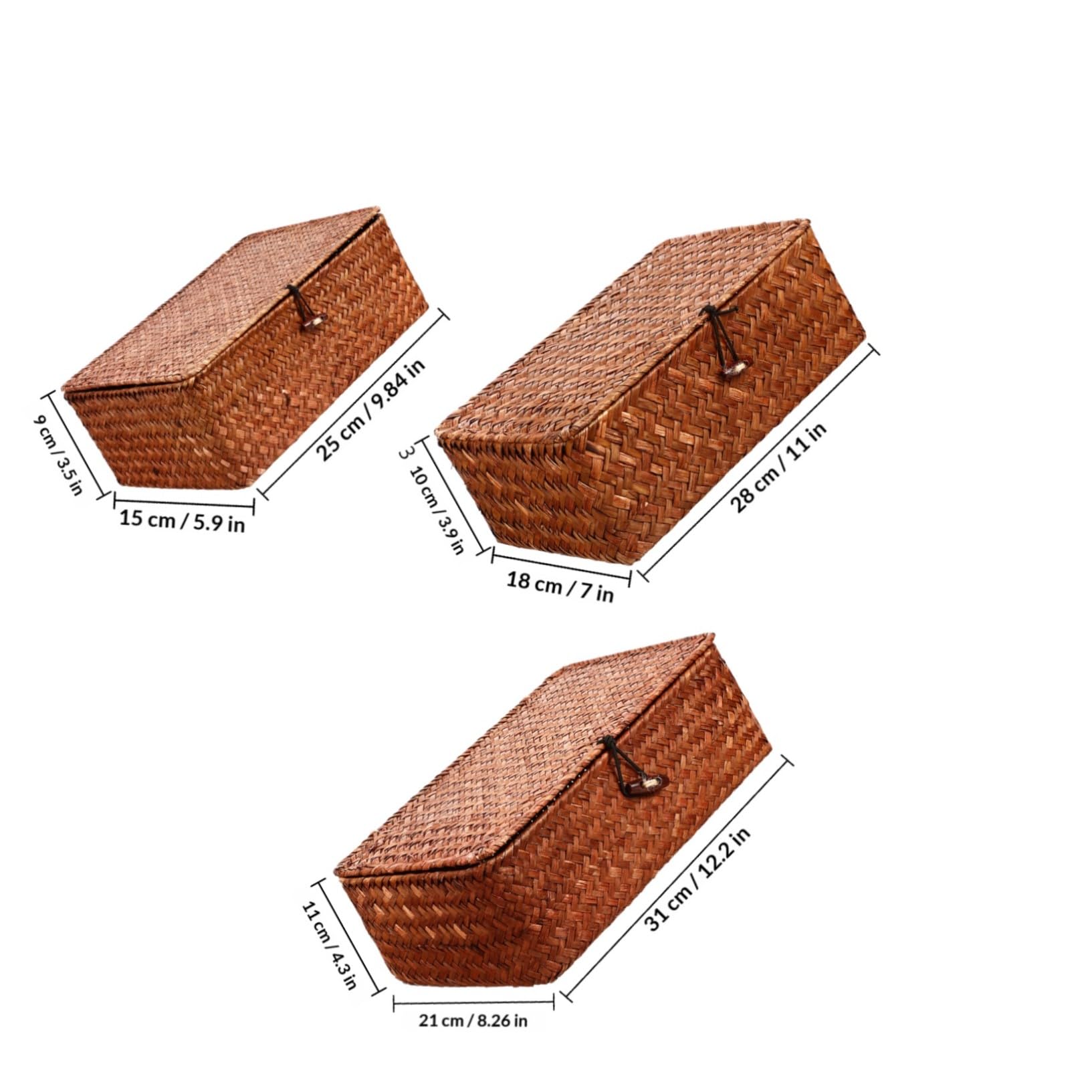 PACKOVE Cestas Tejidas de Algas Marinas con Tapa, Set de 3 Piezas Grande, Mediano y Pequeño, Caja Organizadora Multifuncional para Almacenamiento en Salón y Oficina, Caja Decorativa