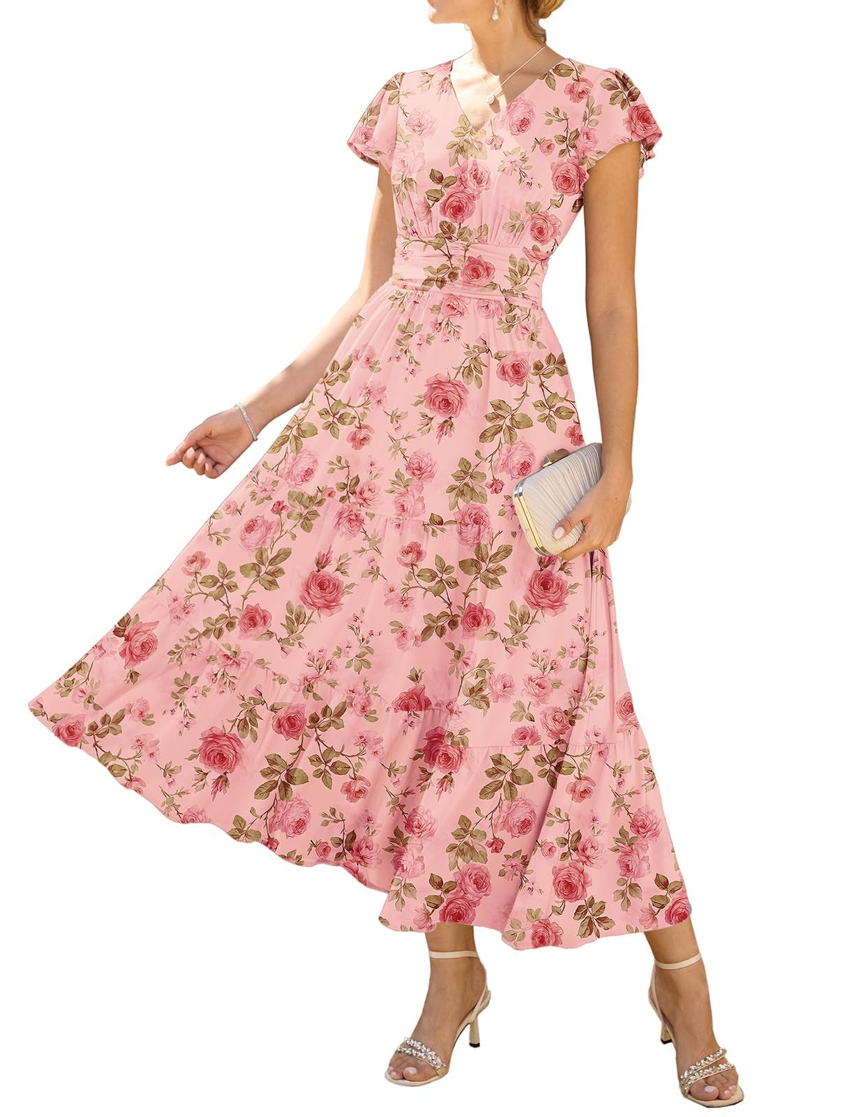 GRACE KARIN Damen Rüschenärmel V-Ausschnitt Midikleid A-Linie Blume Sommerkleid Mit Taschen