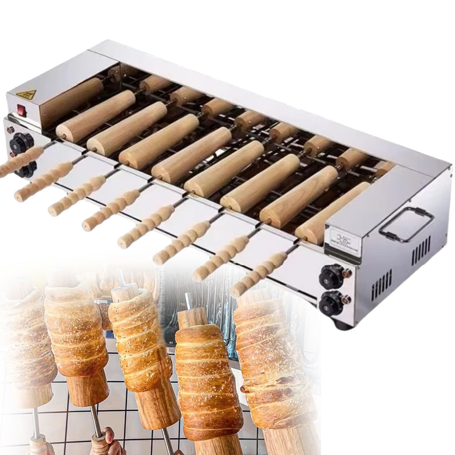 Qiang Chimney Cake & Waffle Maker, Ice Cream Cone Grill, High Efficiency Non-Stick Rollers, Mechanical Temp Control, for Restaurant & Snack Bar 8pcs