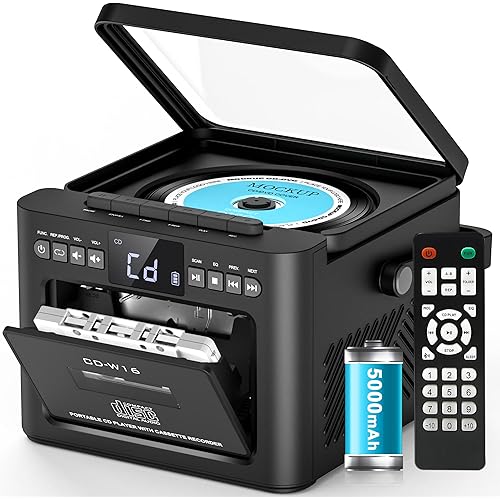 Greadio Boombox CD and Cassette Player Combo, 5000mAh Rechargable CD Player Boombox with Bluetooth Receive/Transmit/FM Radio/USB/TF/AUX/Remote Control, Boom Box Cassette Player for Home Outdoor