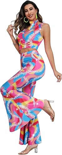 Traje rosa de los años 70 y 80 para mujer, disfraz de discoteca hippie de dos piezas, pantalón acampanado de vaquera para Halloween y cosplay