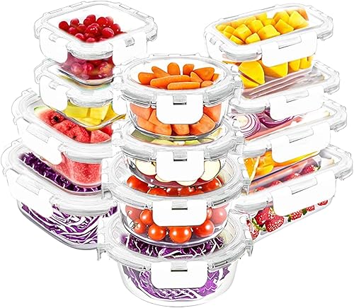 VERONES Juego de 12 recipientes de vidrio para almacenamiento de alimentos, recipientes herméticos de vidrio para almuerzo, recipientes de vidrio
