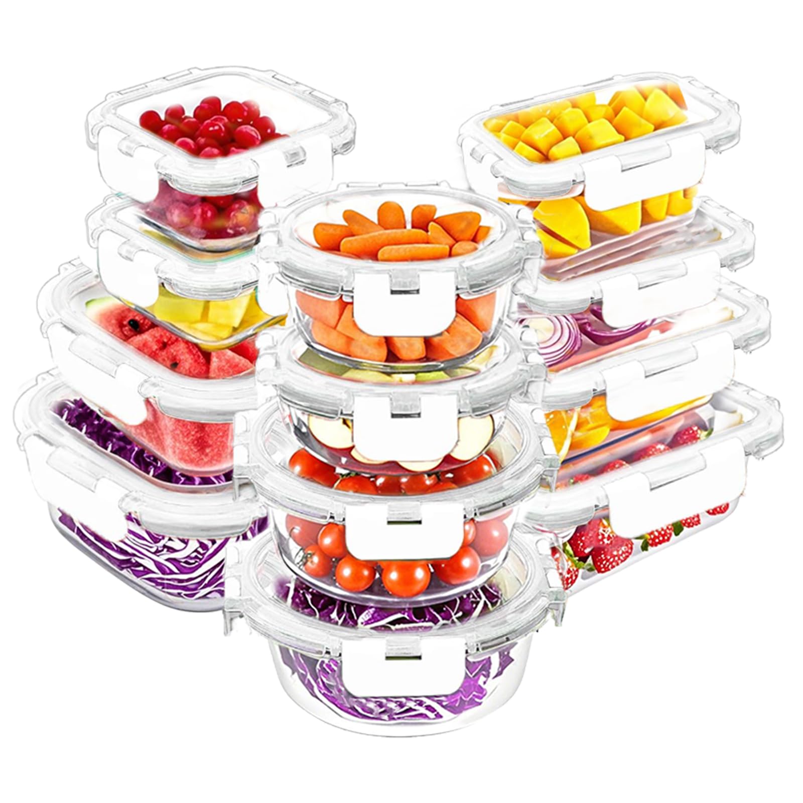 VERONES Set of 24 Glass Airtight Food Storage Containers, Stackable with Lids, BPA-Free, for Microwave, Oven, Freezer and Dishwasher, White