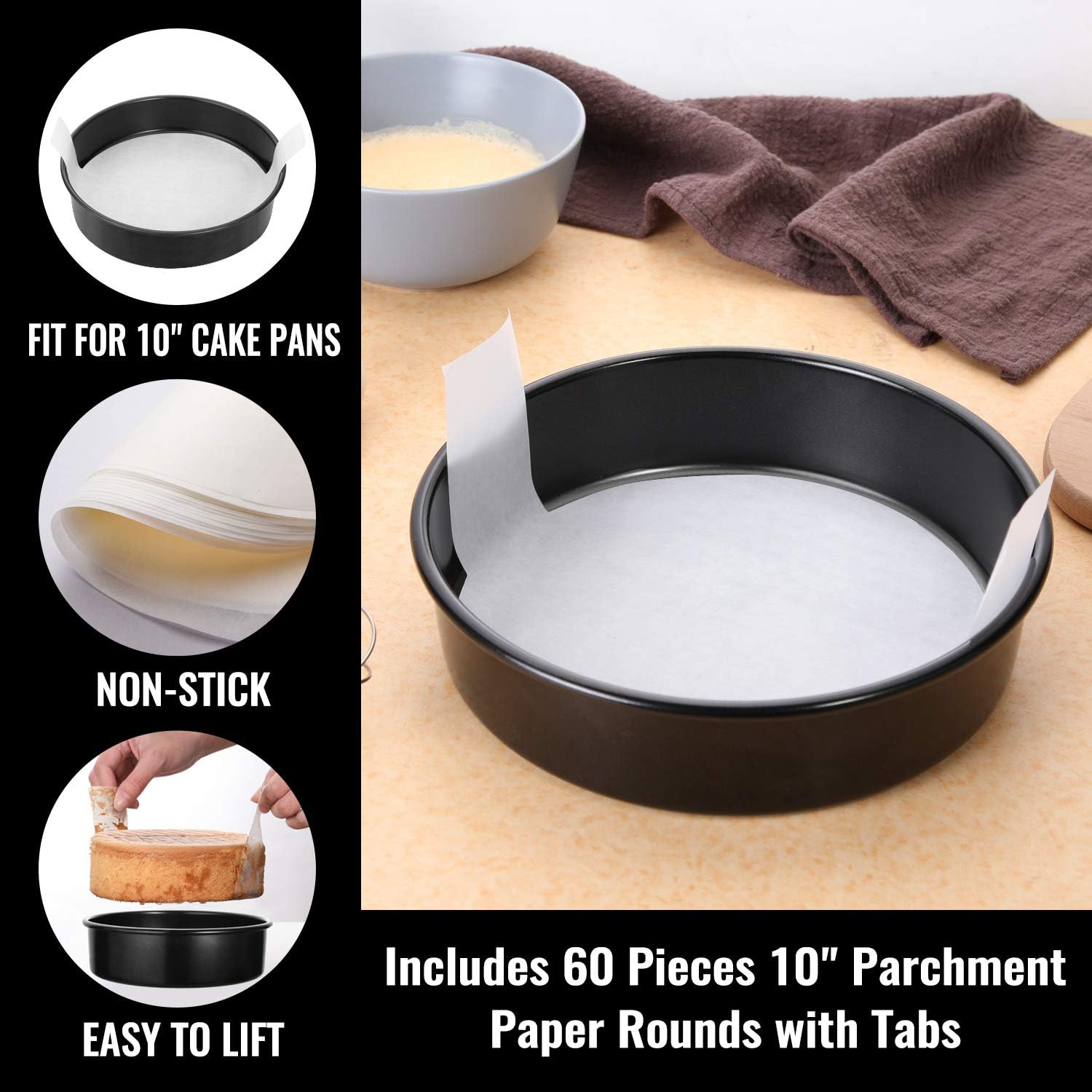 HIWARE 10-Inch Round Cake Pan Set with 60 Pieces Parchment Paper Rounds, Nonstick Baking Cake Pans, Dishwasher Safe - Set of 2