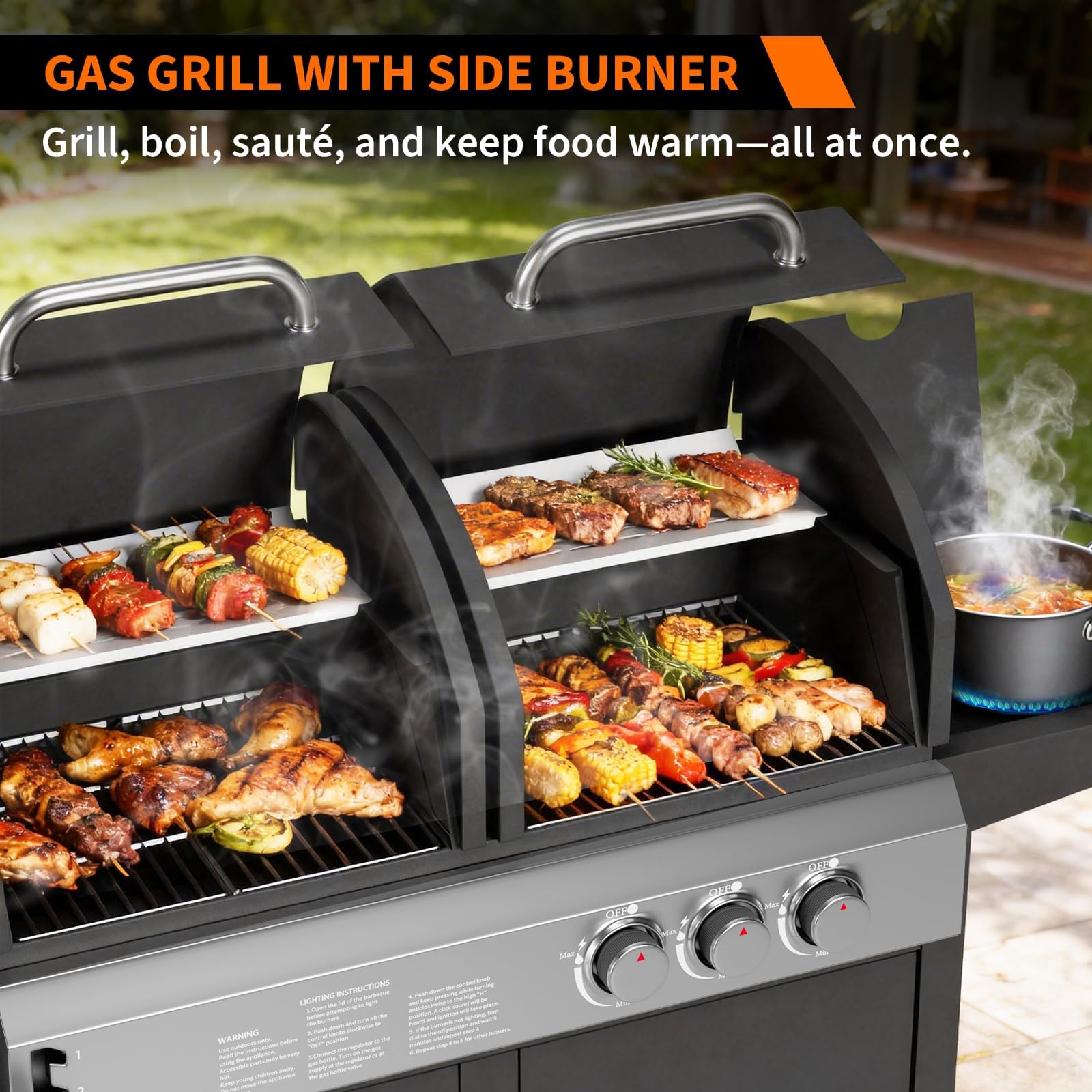 GarveeHome Plancha Gasgrill & Holzkohlegrill Kombi mit Seitenbrenner, 24.000 BTU Dual Fuel BBQ, emaillierter Gusseisenrost, Kochfläche, Gasgrill klein für Balkon, Terrasse, Camping