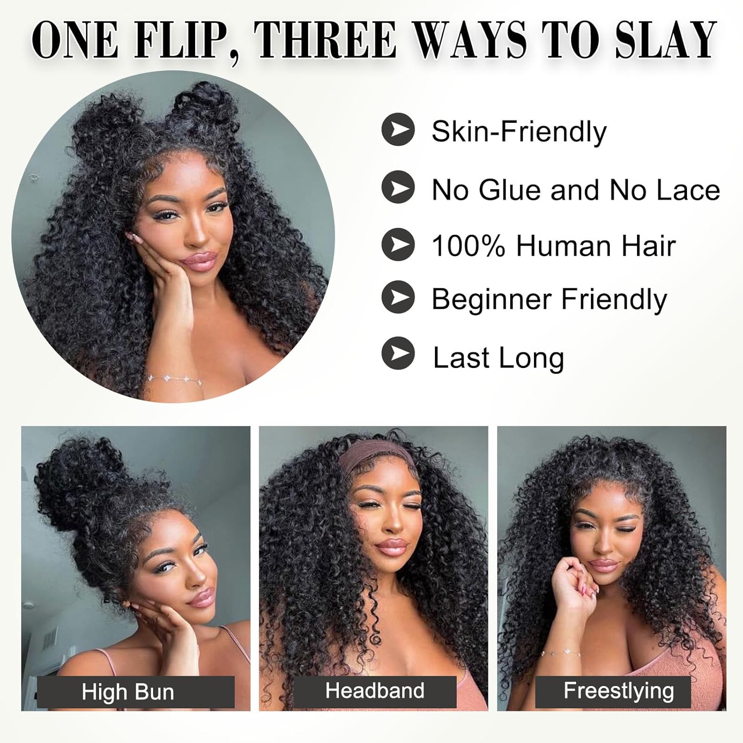 Kinky Curly Half Wig Human Hair | 200% Density 3 In 1 Seamless Flip Over Kinky Half Wig Curly Human Hair Wear and Go Glueless Half Wigs for Women Drawstring Headband Wig Human Hair 20 Inch