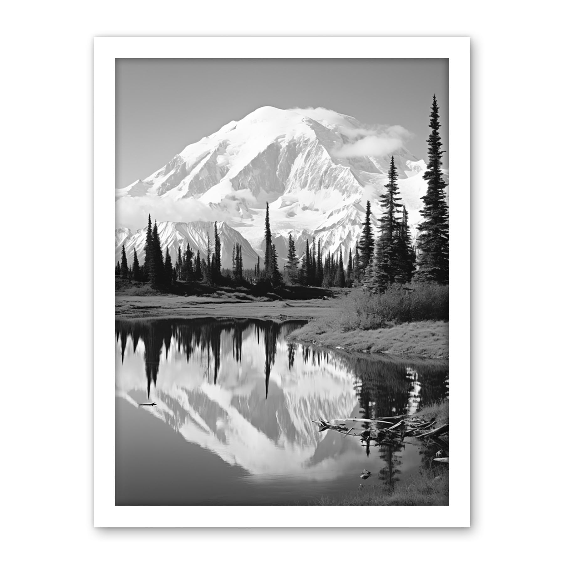 Artery8 Mount McKinley Reflecting on Wonder Lake Tranquil Water Black and White Photograph Scenic Mountain Valley Landscape Artwork Framed Wall Art Print 18X24 Inch