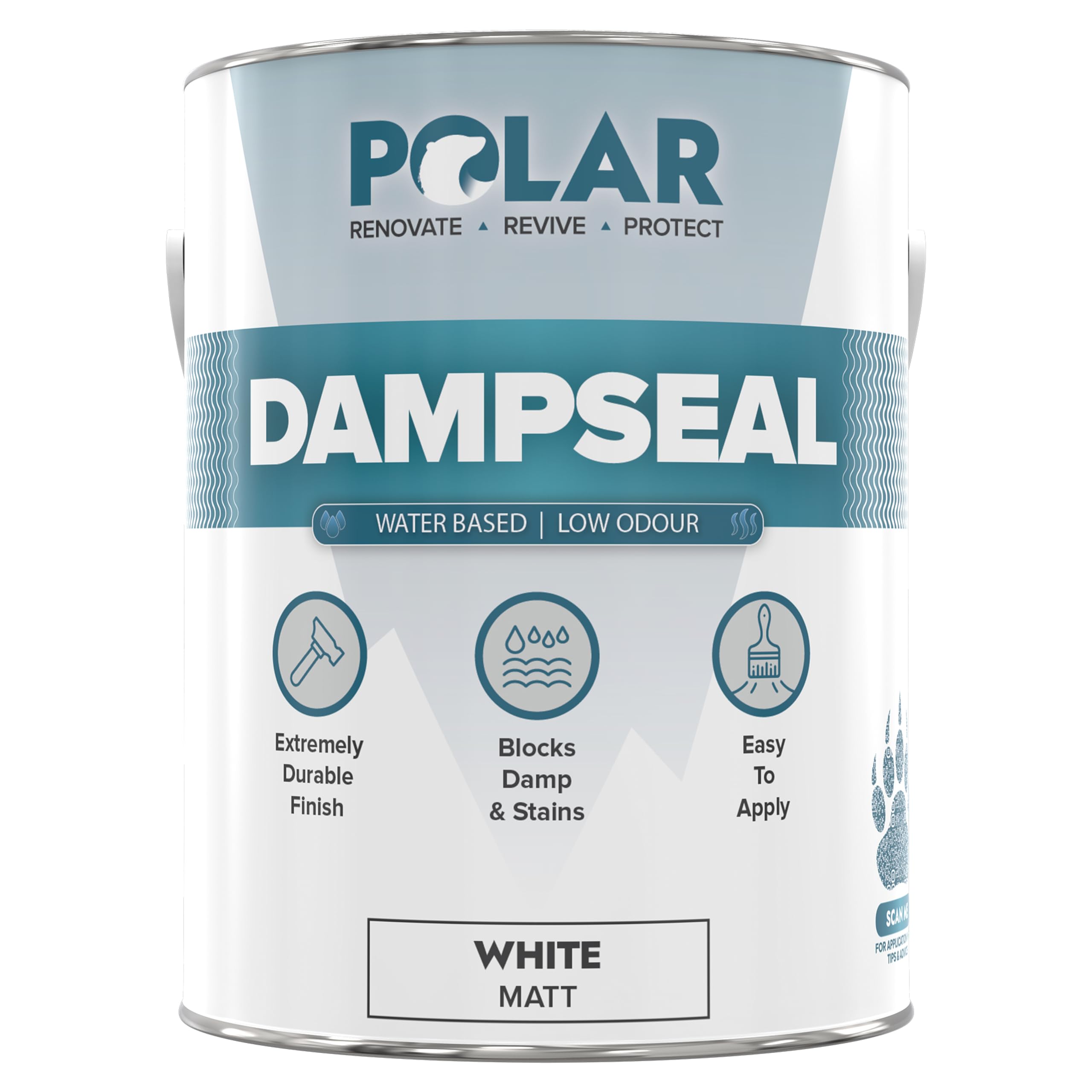 Polar Specialist Coatings White Polar Water Based Damp Seal - 5 Litres, - Low Odour, Solvent Free, Damp Proofing Paint, Stain Blocker - Interior Walls & Ceilings - Smooth Matt Multi-Surface Finish