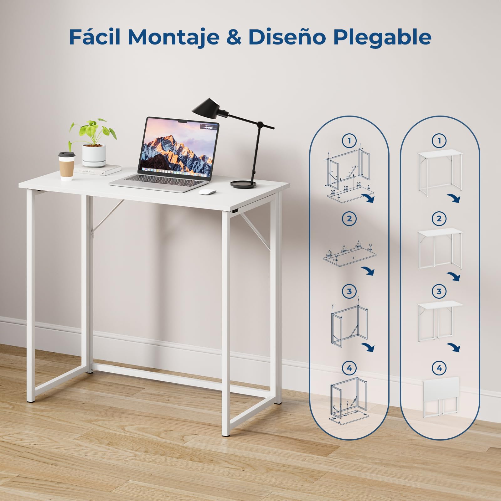 Dripex Mesa Escritorio Plegable, Compacto, Estable y Fácil de Montar, Mesa Pequeña Ordenador para Casa Oficina y Cualquier Poco Espacio, Color Blanco, 80 x 46 x 74cm