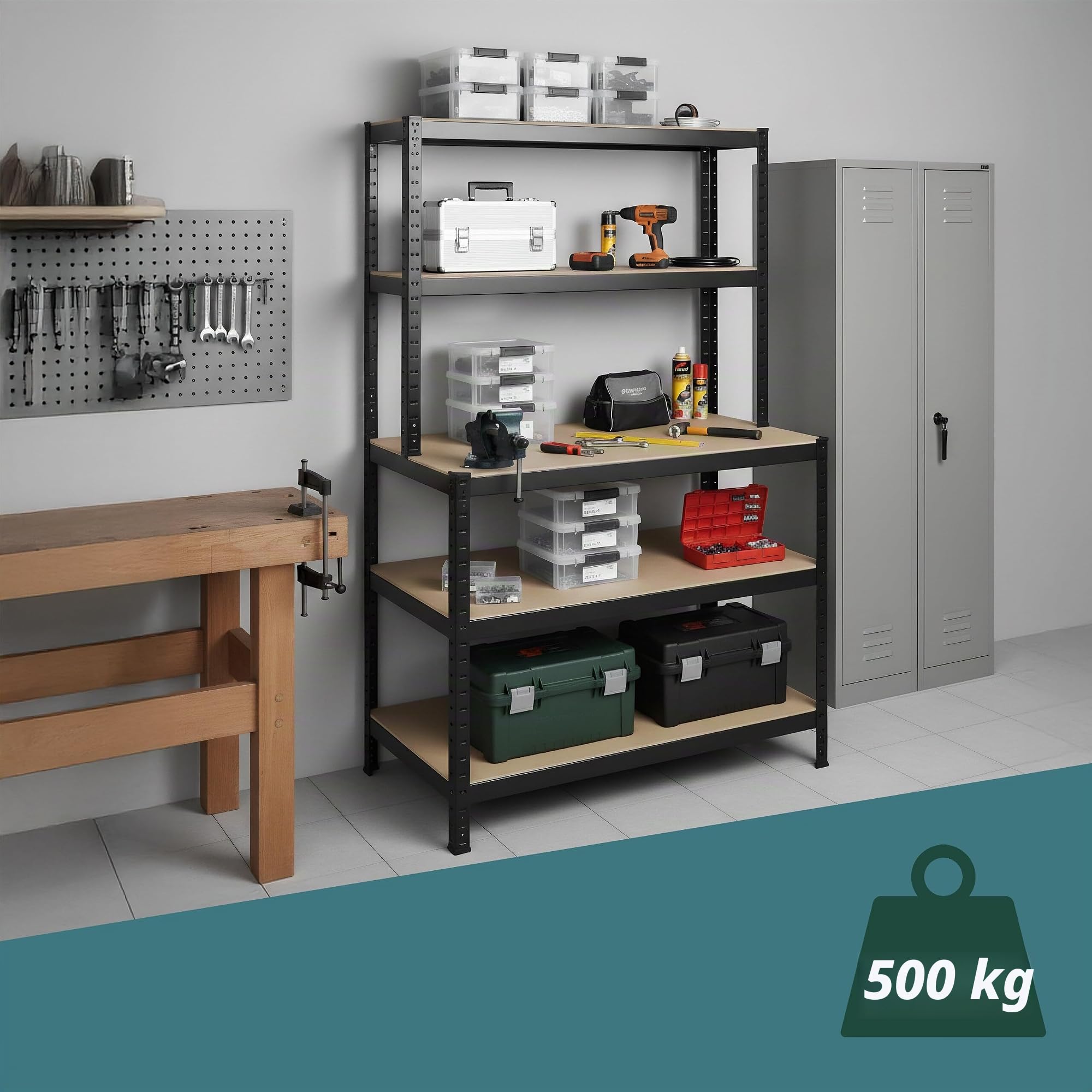 Estantería de Carga Pesada Relaxdays con Banco de Trabajo, 500 kg, 5 Niveles, 180 x 100 x 60 cm, MDF y Acero, Negro.